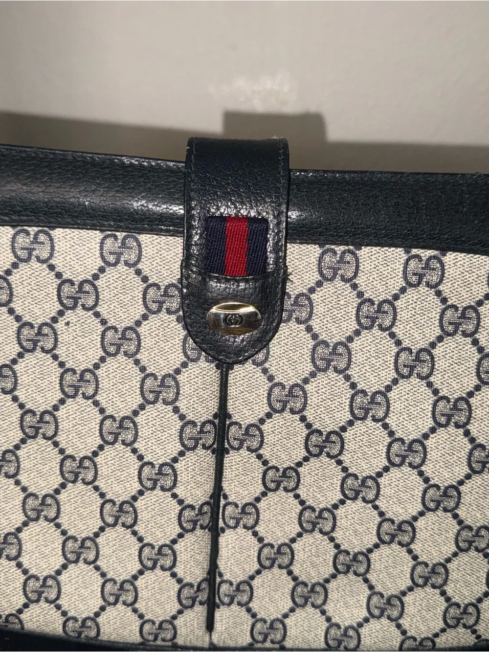 Vintage Gucci Navy GG Monogram Bag with Red Sherry Stripe